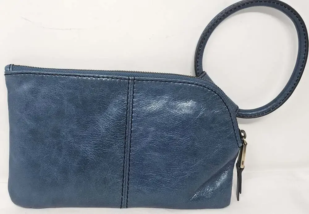 HOBO Sable Clutch Leather Wristlet Blue Circular Handle Brass Tone Hardware